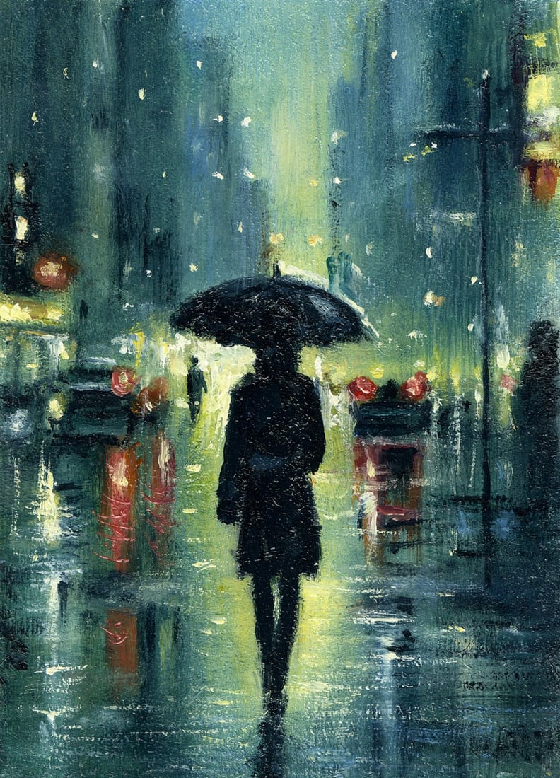 Vladimir Fenot (Ukraine,b 1970) oil painting antique: ARTIST: Vladimir Mikhailovich Fenot (Ukraine, born 1970) TITLE: Rainy Night Cityscape MEDIUM: oil on board CONDITION: Very good. No visible inpaint under UV light.