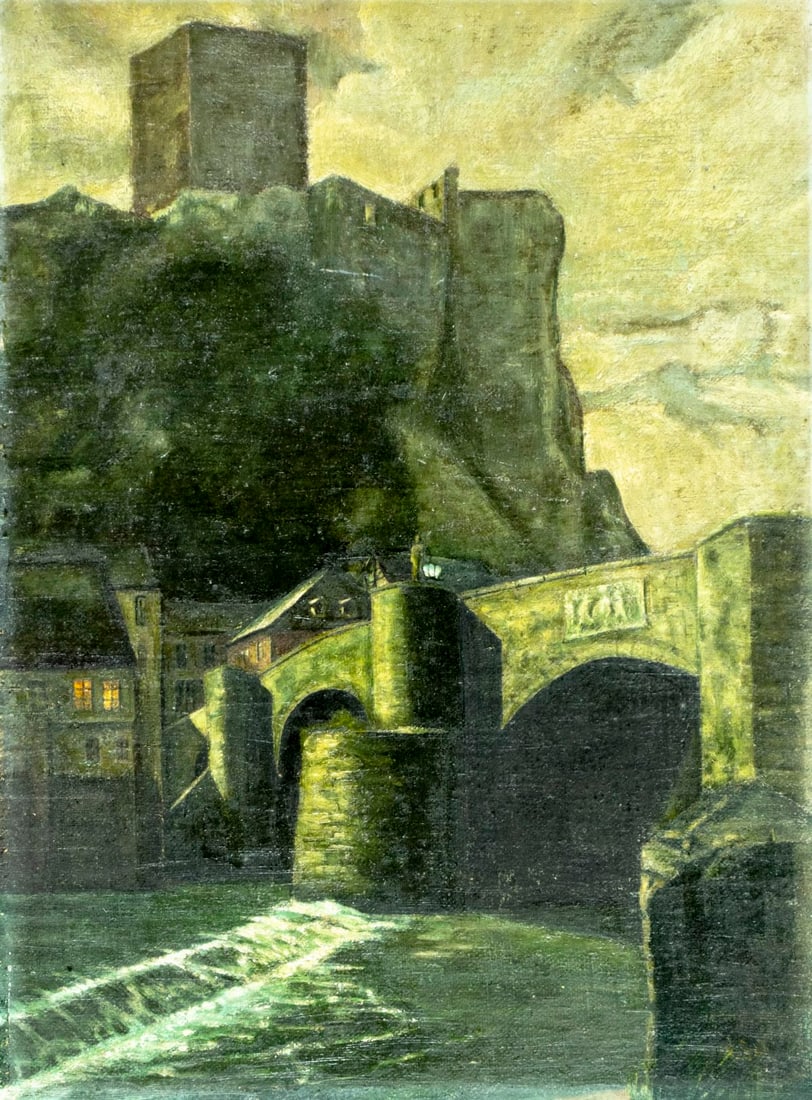 Antique 19C European oil painting signed: ARTIST: - (Europe, 19 century) TITLE: Bridge Cityscape MEDIUM: oil on canvas. Canvas applied to board. CONDITION: Few small scratches. No visible inpaint under UV light. N