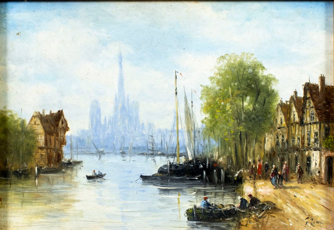 Gerard Roux (France,1946-?) oil painting: ARTIST: Gerard Roux (French, 1946 - ???) TITLE: Cityscape - Le Vieux Rouen (titled on stretcher) MEDIUM: oil on canvas CONDITION: Few minor paint losses. Very minor craque