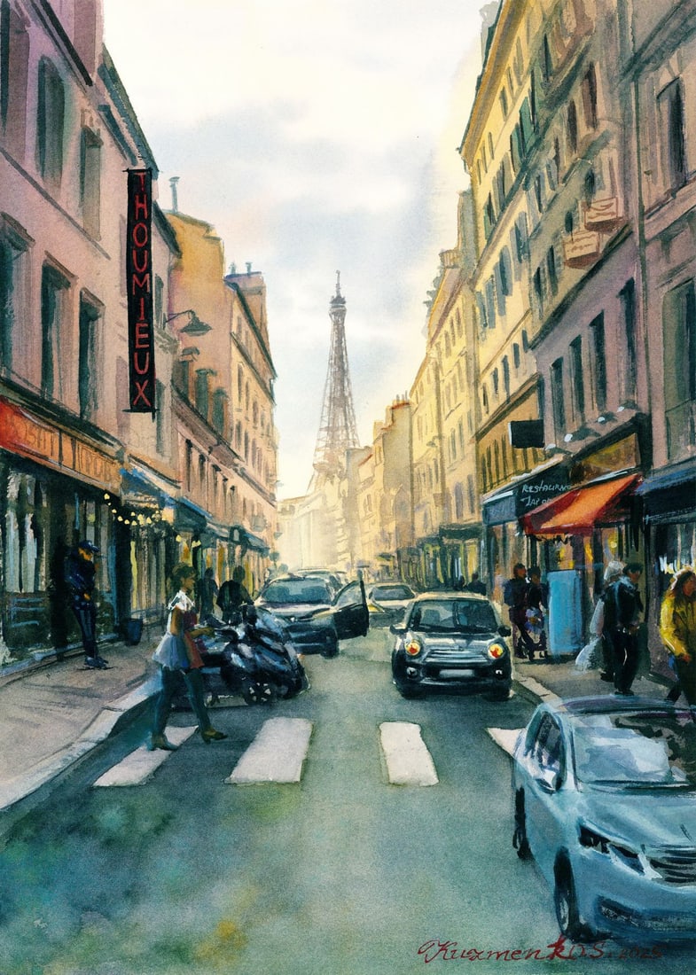 Sofia Kuzmenko (Ukraine,20/21C) watercolor painting: ARTIST: Sofia Kuzmenko (Ukrainian, 20/21 centuries) TITLE: Paris Cityscape MEDIUM: watercolor on heavy paper CONDITION: Very good. ART SIZE: 16 x 12 inch