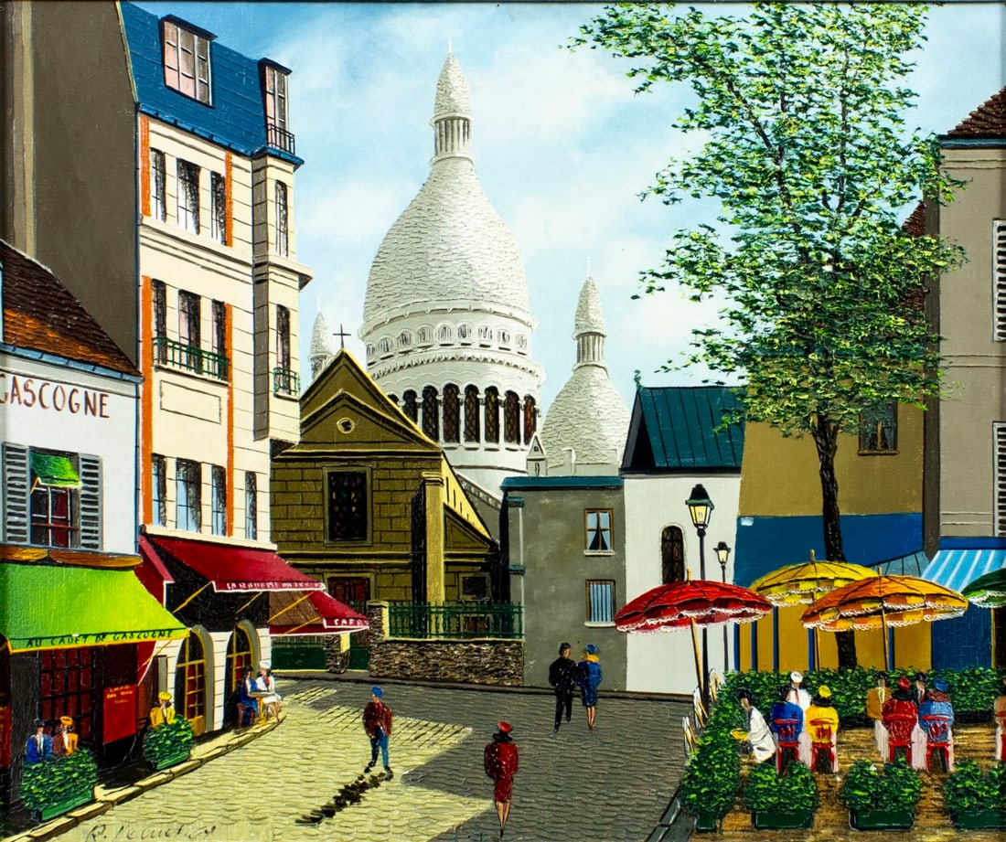 Vintage mid 20C French oil painting signed: ARTIST: - (France, mid 20 century) TITLE: Paris Cityscape, France YEAR: 1960s MEDIUM: oil on canvas CONDITION: Few nail holes by the upper edge. Missing