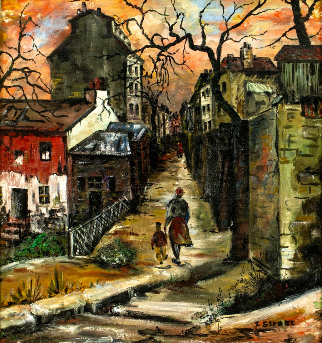 T Street (France,mid 20C) oil painting: ARTIST: T Street (French, mid 20 century) TITLE: Hillside, Montmartre, Paris, France MEDIUM: oil on canvas CONDITION: Minor scratches/paint losses. Some craquelure. No visib