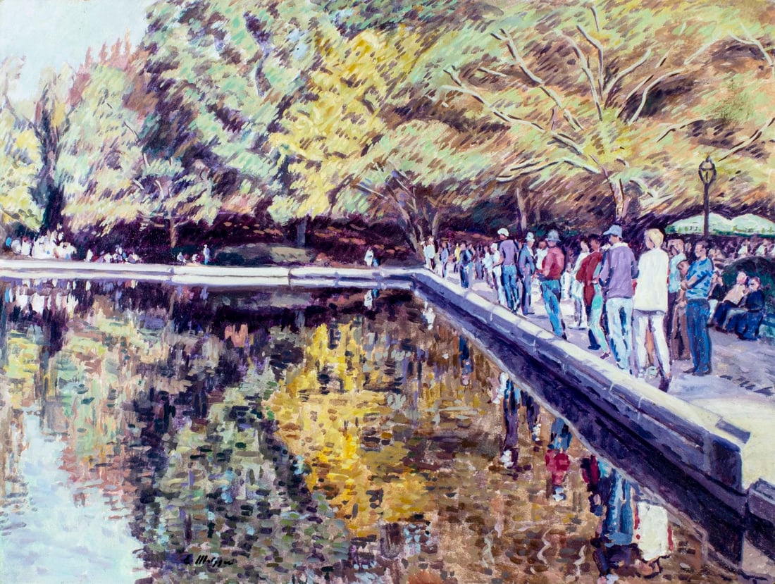 Evelyn Metzger (NY,Brazil,1911-2007) oil painting: ARTIST: Evelyn Borchard Metzger (New York, Brazilian, 1911 - 2007) TITLE: Central Park Scene (titled on verso) MEDIUM: oil on board CONDITION: Few minor paint losses along