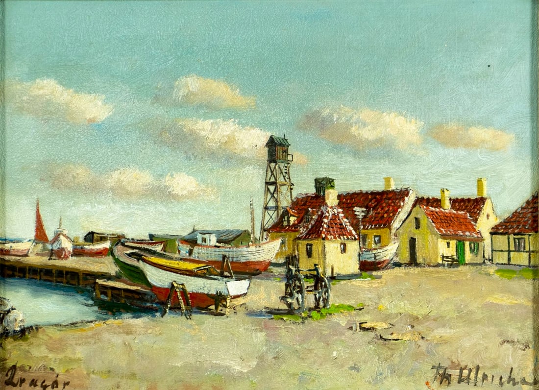 Theodor Ulrichsen (Denmark,1905-1970) oil painting: ARTIST: Theodor Ulrichsen (Danish, 1905 - 1970) TITLE: Harbor Scene MEDIUM: oil on canvas CONDITION: Few minor paint losses. No visible inpaint under UV light. Wear to fra