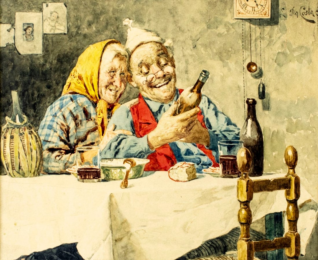 Luigi Da Costa (Italy,19C) watercolor painting antique: ARTIST: Luigi Da Costa (Italian, 19 century) TITLE: Old Couple at Dinner MEDIUM: watercolor on paper CONDITION: One minor scratch. Some age toning. Some damages to frame.