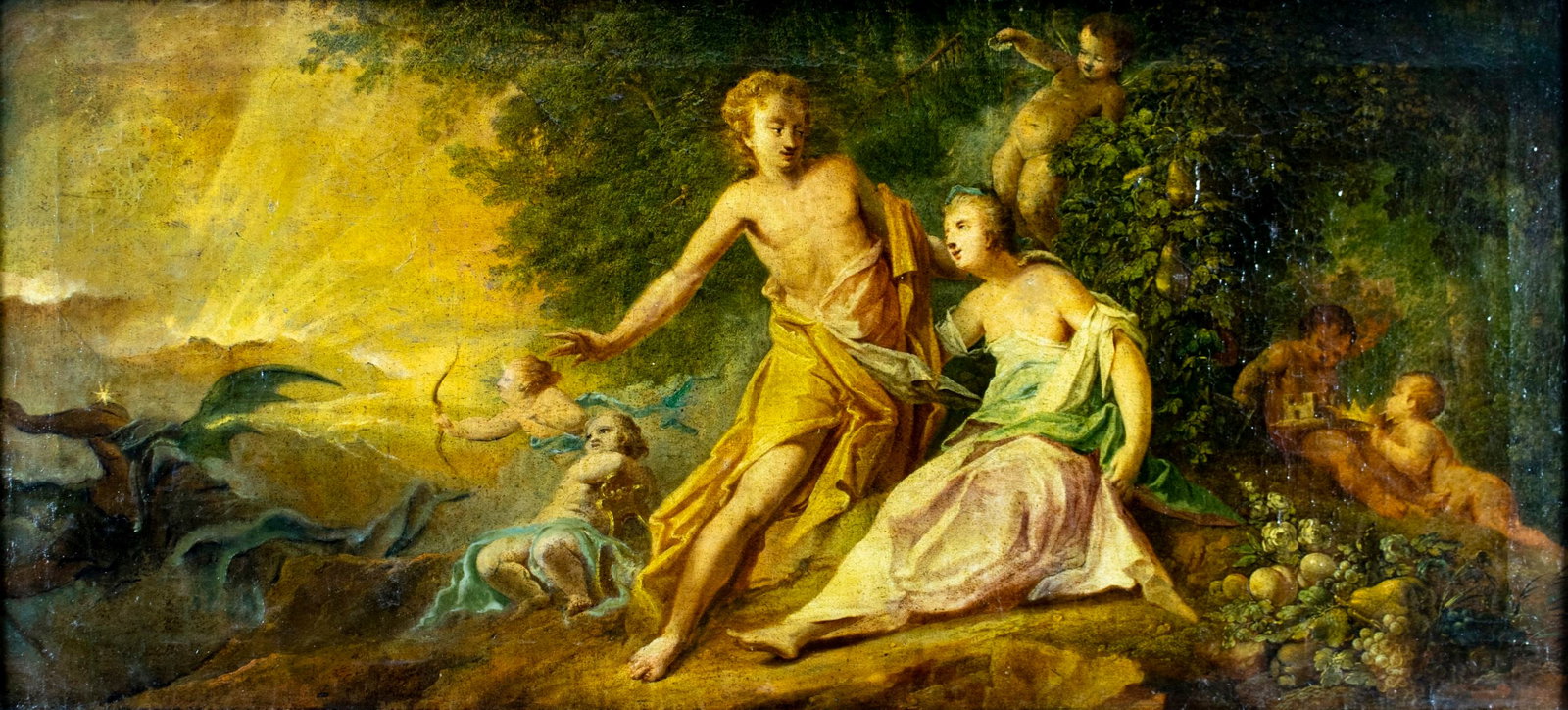 Antique 19C European oil painting: ARTIST: - (Europe, 19 century) TITLE: Mythological Scene with Cherubs MEDIUM: oil on canvas CONDITION: One repaired puncture. Some paint losses. Some craquelure. Some scatte