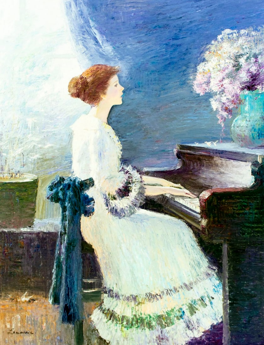 Law Kwok Leung (China,NY,CA,b 1954) oil painting: ARTIST: Law Kwok Leung (Chinese, New York, California, born 1954) TITLE: Woman Playing Piano MEDIUM: oil on canvas CONDITION: Unstretched (In-House stretching available) (In