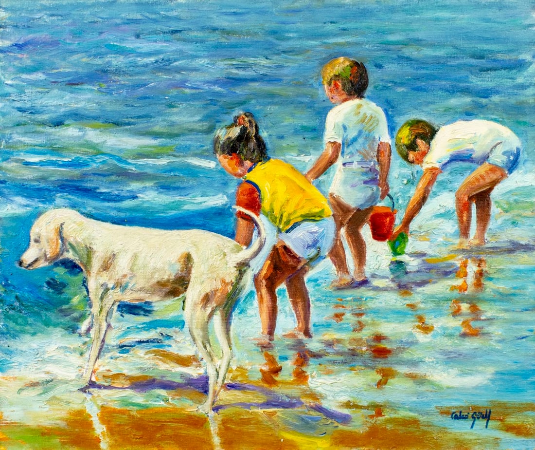 F Guey (Europe,20C) oil painting: ARTIST: F Guey (European, 20 century) TITLE: Beach Scene with Children and Dog MEDIUM: oil on canvas CONDITION: Unstretched (In-House stretching available) (In-House stretch