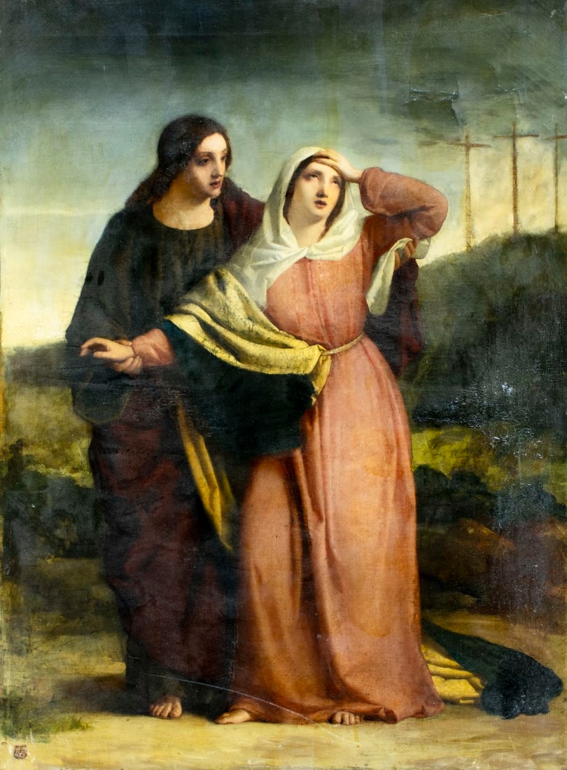 William Charles Thomas Dobson (UK,1817-1898) oil painting antique: ARTIST: William Charles Thomas Dobson (United Kingdom, 1817 - 1898) TITLE: Mary and the Beloved Disciple MEDIUM: oil on canvas CONDITION: Relined. Some scratches/paint los