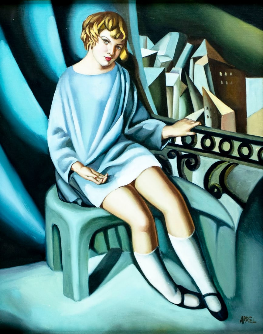 Appel (20C) oil painting: ARTIST: Appel (20 century) AFTER Tamara de Lempicka TITLE: Kizette on the Balcony MEDIUM: oil on canvas CONDITION: One pinhole by the right edge. Few small scratches/paint l