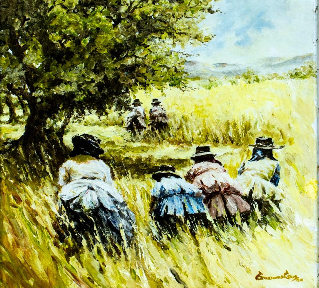 Edmundo Cruz (Portugal,1928-?) oil painting: ARTIST: Edmundo Cruz (Portugese, 1928 - ???) TITLE: Ladies in Tall Grass YEAR: 1980 MEDIUM: oil on canvas CONDITION: One repaired puncture. Some nail h
