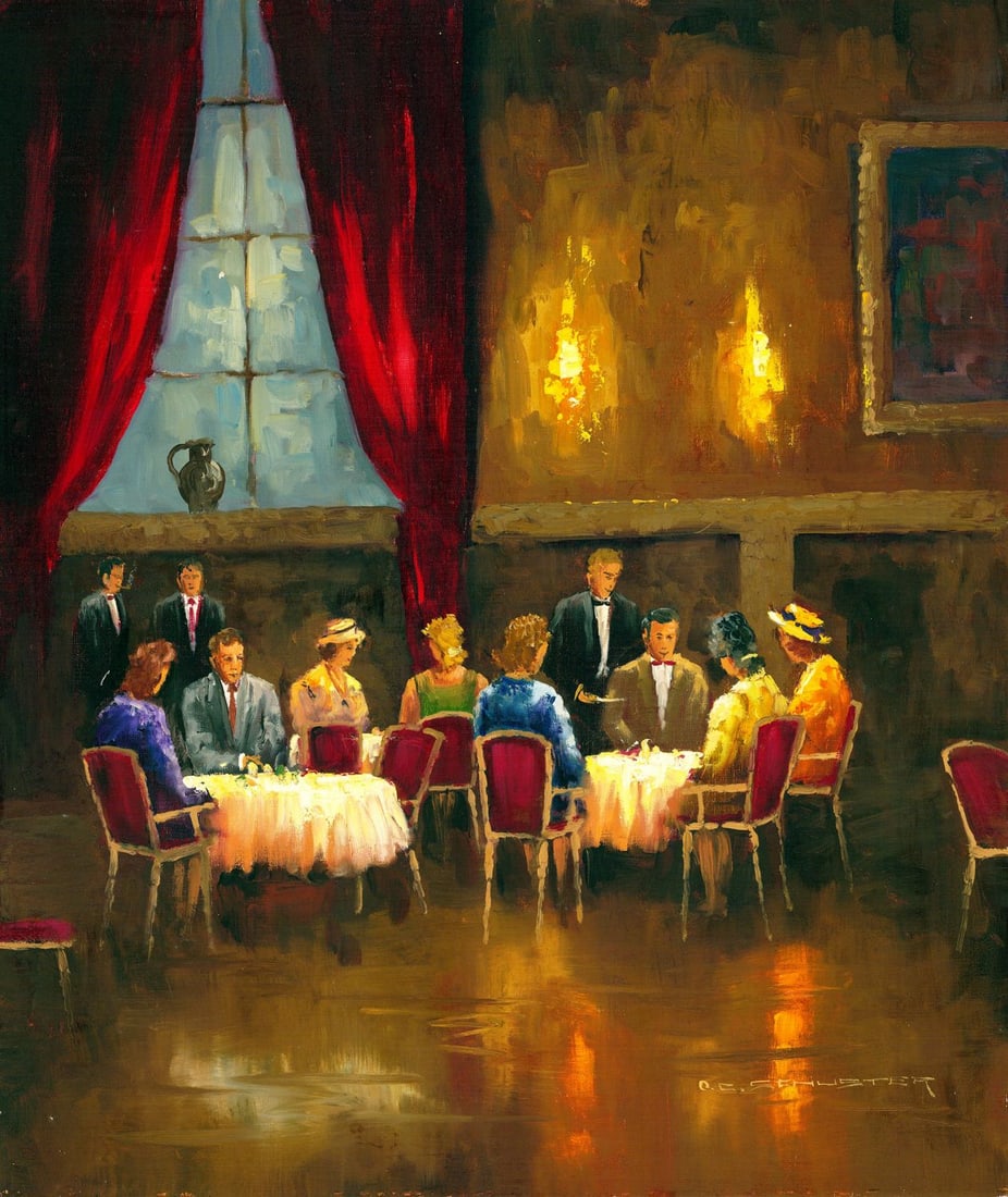 Otto Schuster (German,1924-?) oil painting: ARTIST: Otto C Schuster (Germany, 1924 - ???) TITLE: Restaurant Scene MEDIUM: oil on canvas CONDITION: Unstretched (In-House stretching available). Few small paint losses.