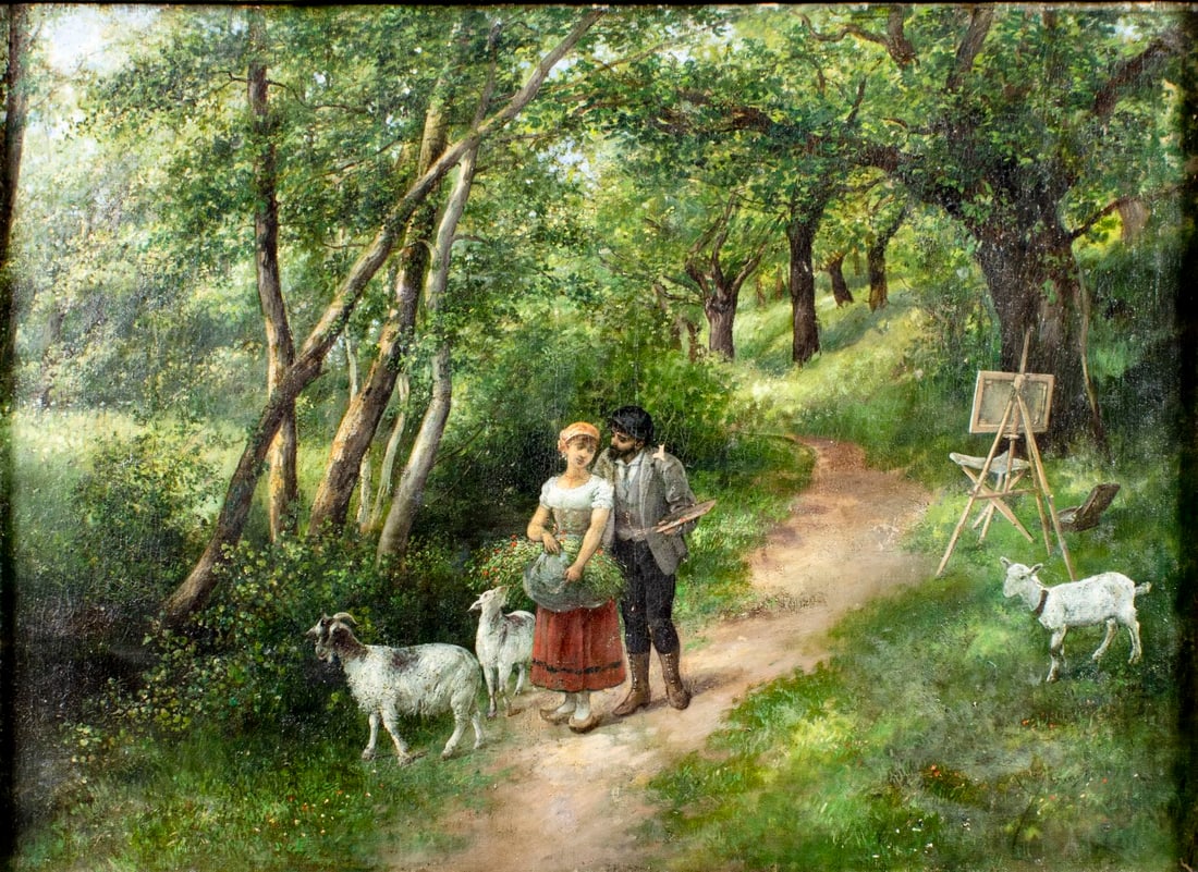 Antique 19C French oil painting signed: ARTIST: - (France, 19 century) TITLE: Courting Couple with Goats YEAR: 1890 MEDIUM: oil on canvas CONDITION: Relined. Some paint losses. Some craquelur