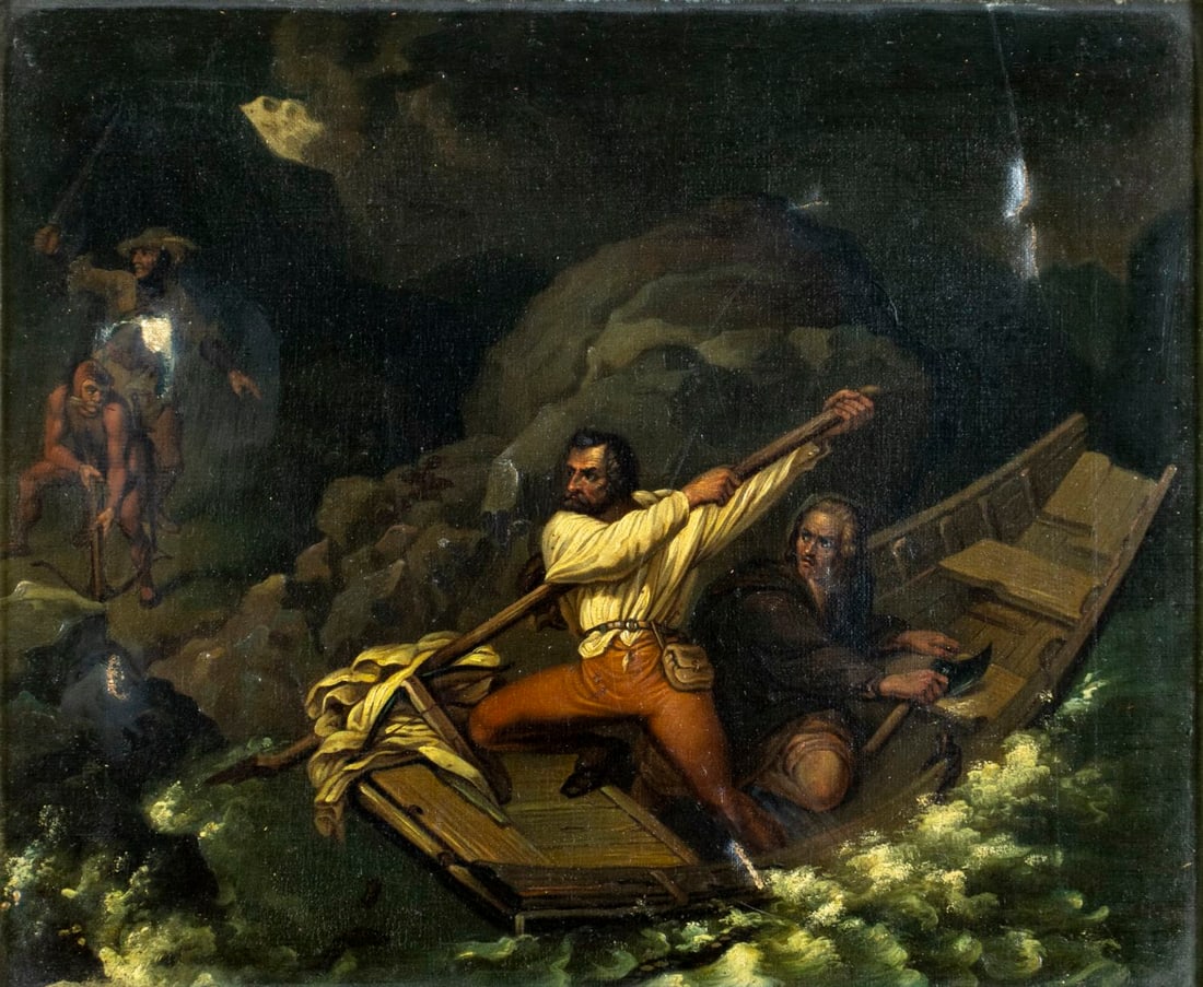 Antique early 20C European oil painting: ARTIST: - (Europe, early 20 century) TITLE: Escape of William Tell MEDIUM: oil on canvas CONDITION: Some patches. Some scratches/paint losses. No visible inpaint under UV