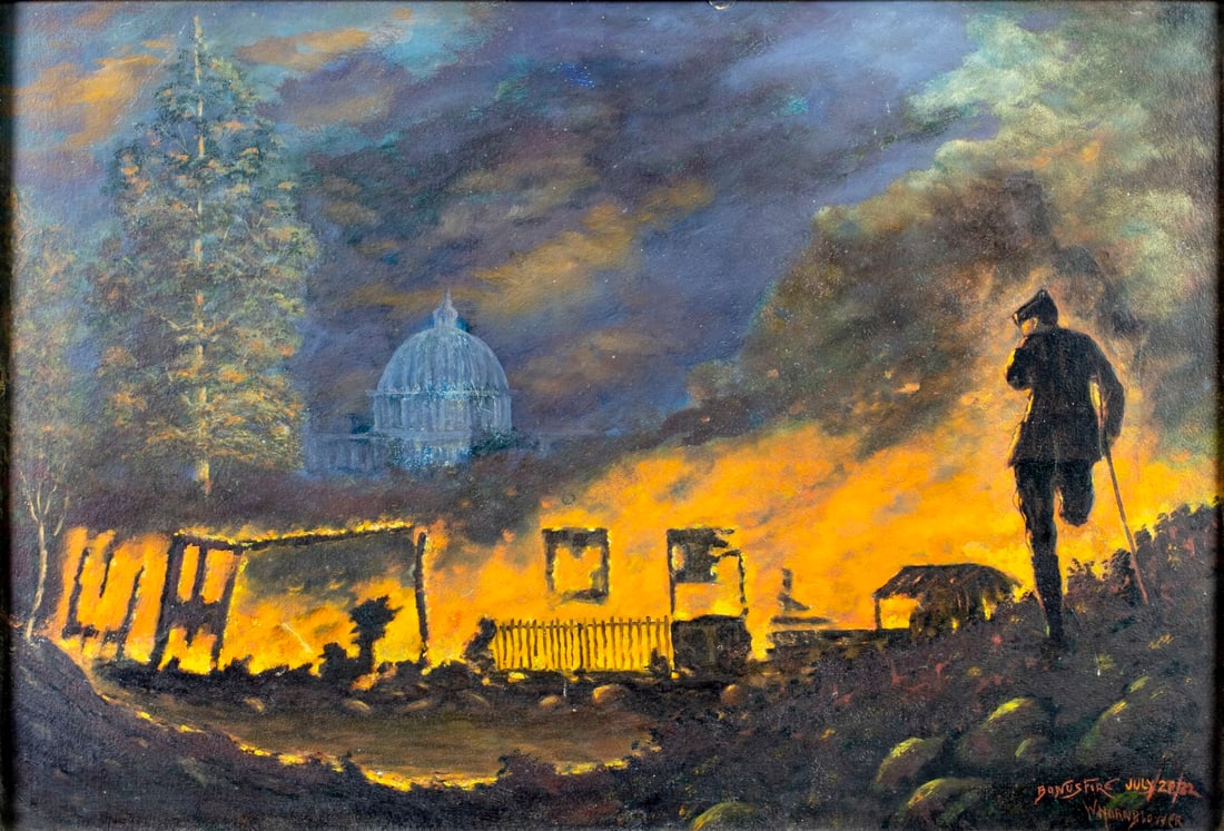 W Hornblower (US,early 20C) oil painting antique: ARTIST: W Hornblower (American, early 20 century) TITLE: Bonus Fire YEAR: 1932 MEDIUM: oil on board CONDITION: Some small damages to edges. Some scratche