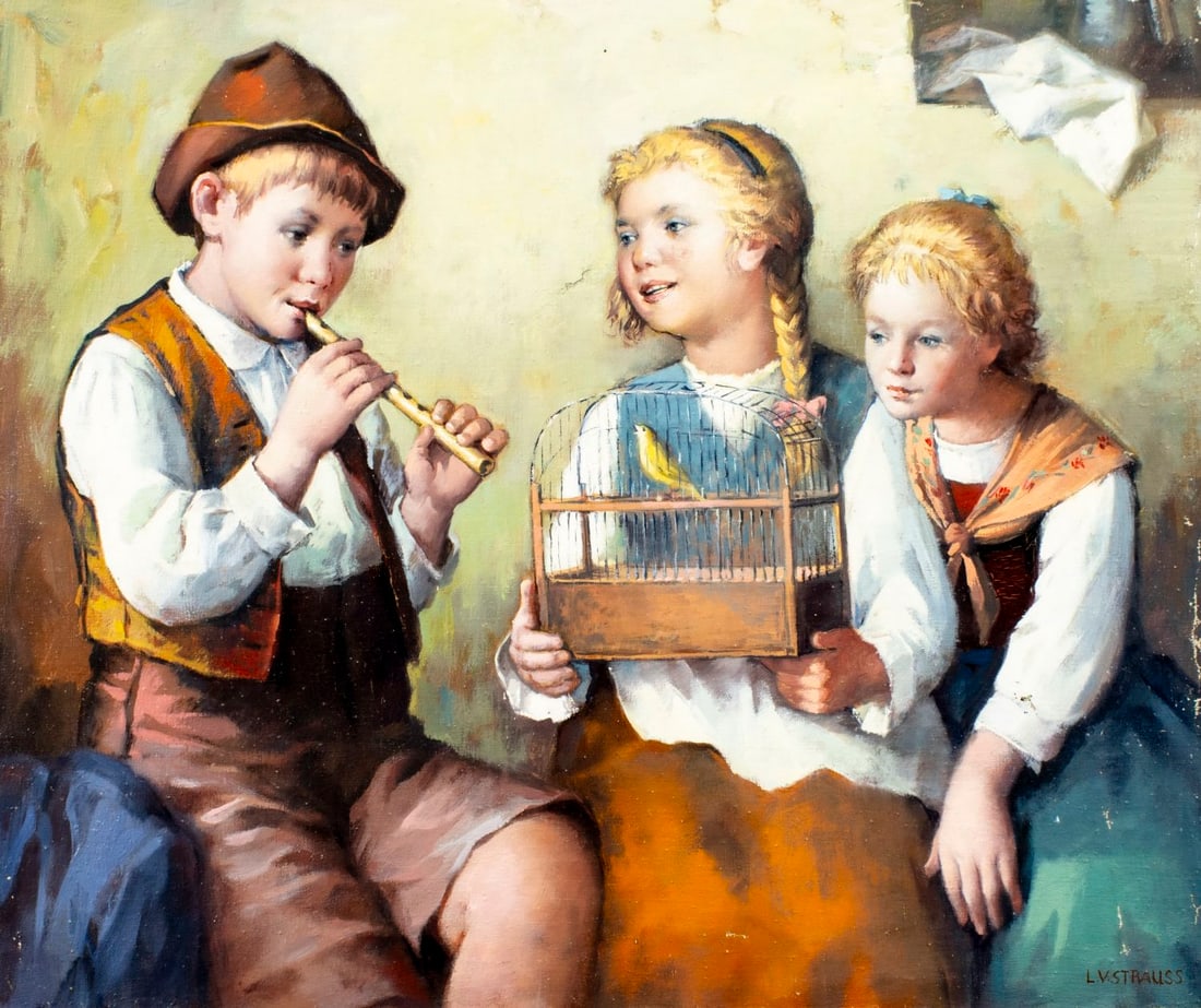 L V Strauss (German,20C) oil painting: ARTIST: L V Strauss (Germany, 20 century) TITLE: Children with Birdcage MEDIUM: oil on canvas CONDITION: Unstretched (In-House stretching available) (In-House stretching ava