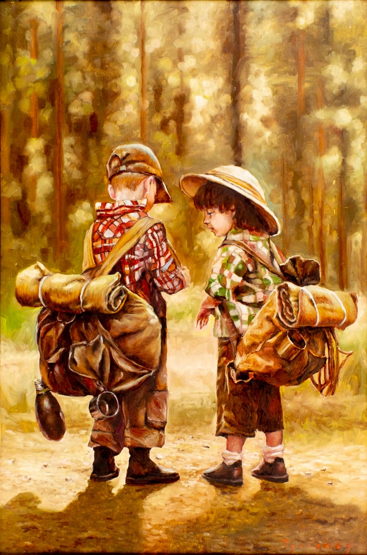 Igor Grey (Ukraine,b 1975) oil painting: ARTIST: Igor Grey (Ukrainian, born 1975) TITLE: Children with Backpacks - Scouts (titled on verso) YEAR: 2016 MEDIUM: oil on canvas CONDITION: Very good.