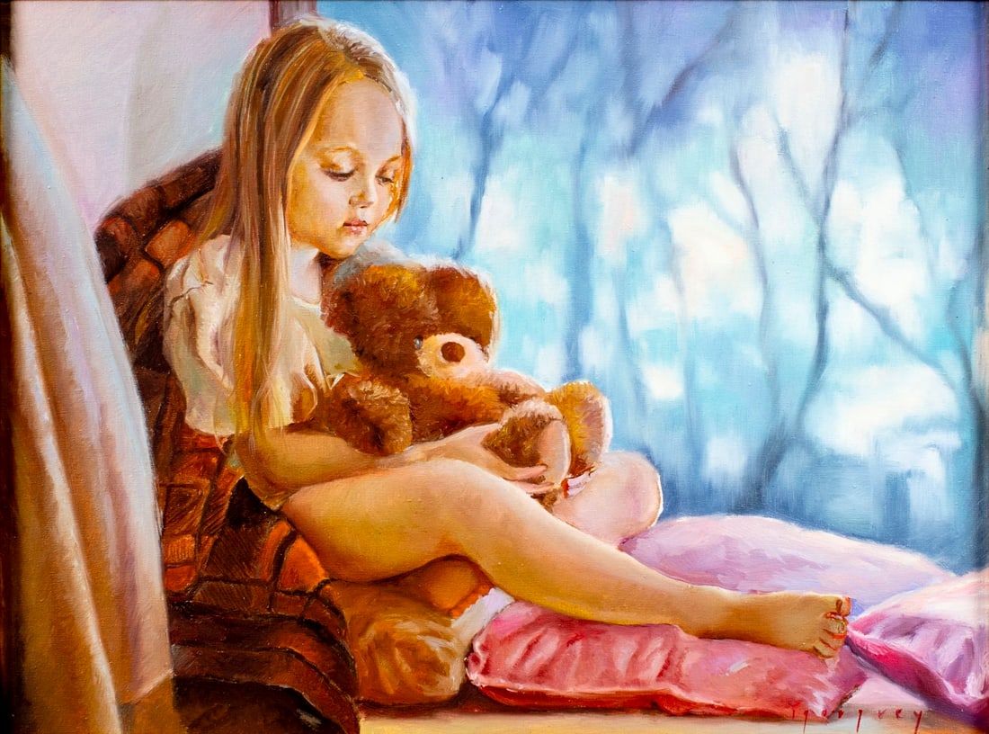 Igor Grey (Ukraine,b 1975) oil painting: ARTIST: Igor Grey (Ukrainian, born 1975) TITLE: Girl with Teddy Bear YEAR: 2016 MEDIUM: oil on canvas CONDITION: Very good. No visible inpaint under UV l