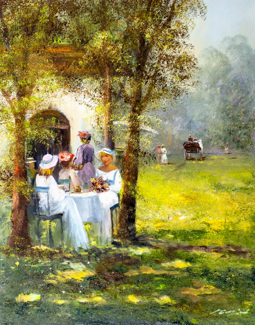 Rahnavardkar Madjid (Germany,Iran,1943-?) oil painting: ARTIST: Rahnavardkar Madjid (German, Iranian, 1943 - ???) TITLE: Outdoor Scene MEDIUM: oil on canvas CONDITION: Unstretched (In-House stretching available) (In-House stret