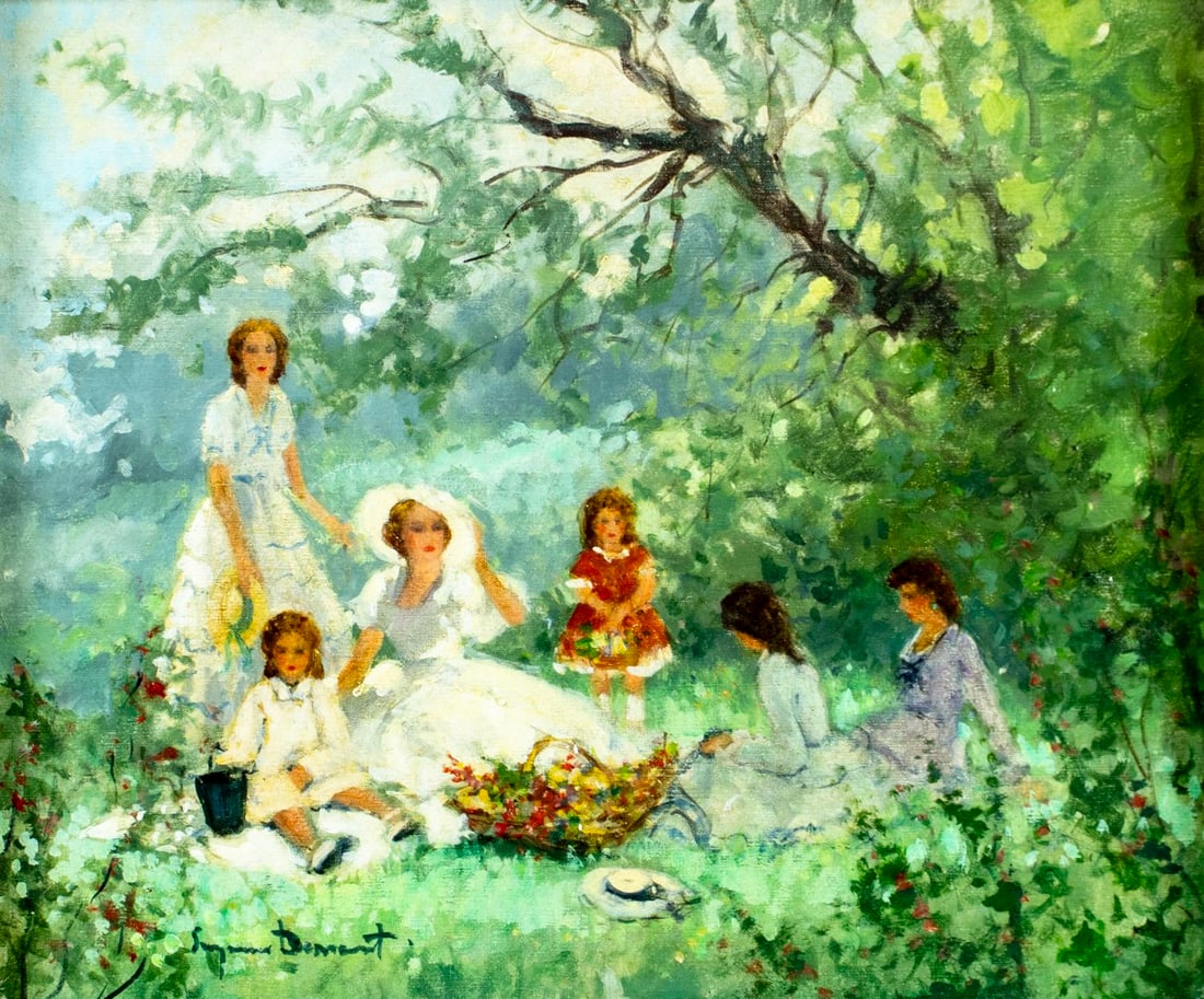 Suzanne Demarest (US,France,1900-1985) oil painting: ARTIST: Suzanne Demarest (American, French, 1900 - 1985) TITLE: Picnic Scene MEDIUM: oil on canvas CONDITION: Few minor paint losses. No visible inpaint under UV light. Mi