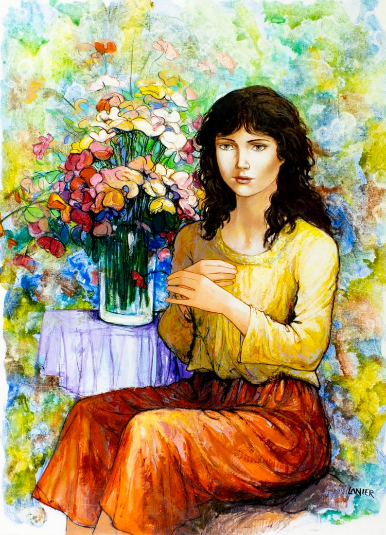 Charles Lanier (US,1938-?) oil painting: ARTIST: Charles Lanier (American, 1938 - ???) TITLE: Woman with Vase of Flowers MEDIUM: oil on canvas CONDITION: Unstretched (In-House stretching available) (In-House stre