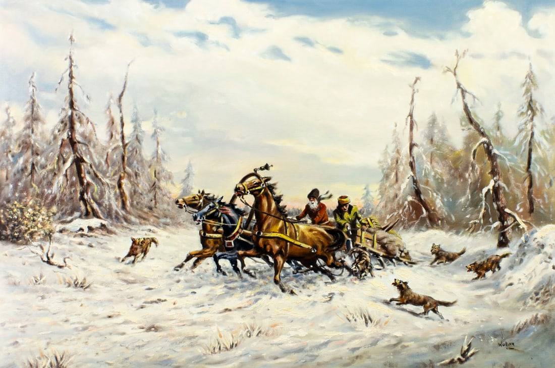 W Wallern (Austria,20C) oil painting: ARTIST: W Wallern (Austrian, 20 century) TITLE: Winter Landscape with Troika MEDIUM: oil on canvas CONDITION: Unstretched (In-House stretching available) (In-House stretchin