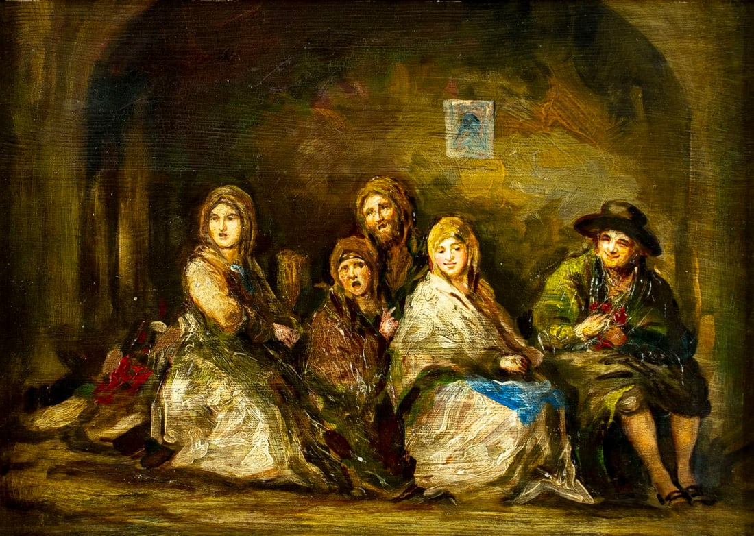 Antique early 20C European oil painting: ARTIST: - (Europe, early 20 century) TITLE: Interior Scene with Seated People MEDIUM: oil on board CONDITION: Few small paint losses. No visible inpaint under UV light. Wear