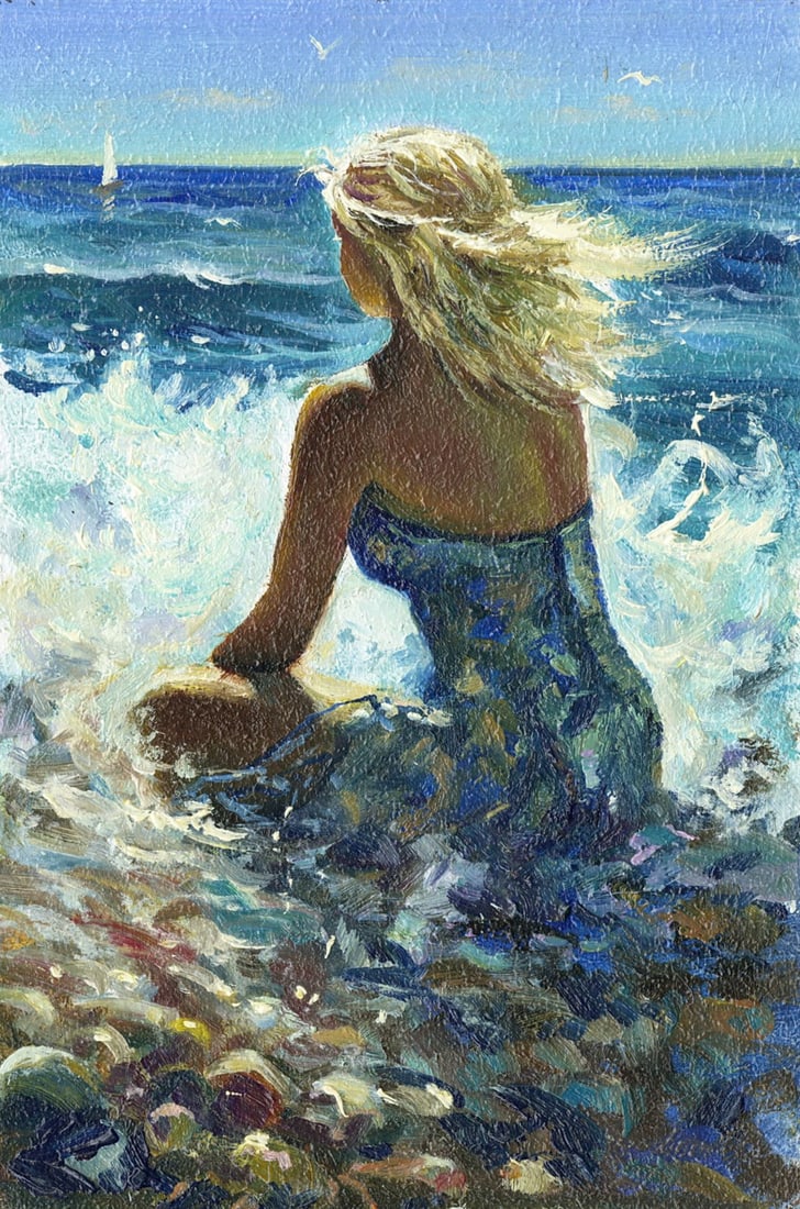 Sergey Kozachkin (Ukraine,b 1965) oil painting: ARTIST: Sergey Vasilievich Kozachkin (Ukrainian, born 1965) TITLE: Seascape with Seated Woman MEDIUM: oil on board CONDITION: Very good. No visible inpaint under UV light.