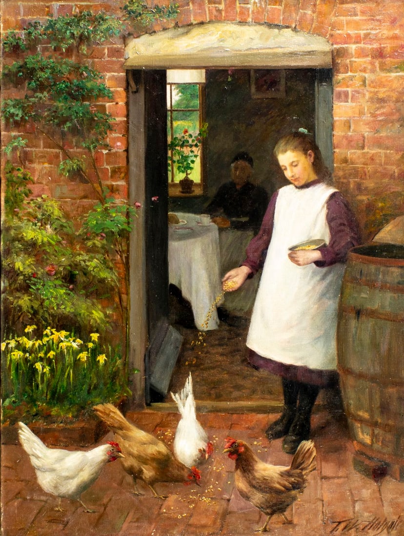 Thomas W Holgate (UK,1870-1953) oil painting: ARTIST: Thomas Wood Holgate (United Kingdom, 1870 - 1953) TITLE: Girl Feeding Chickens MEDIUM: oil on canvas CONDITION: Few patches. Some damages to upper edge of canvas. So