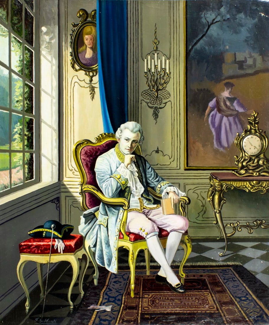 F G Manti (Europe,20C) oil painting: ARTIST: F G Manti (European, 20 century) TITLE: Seated Gentleman with Book MEDIUM: oil on canvas CONDITION: Unstretched (In-House stretching available) (In-House stretching