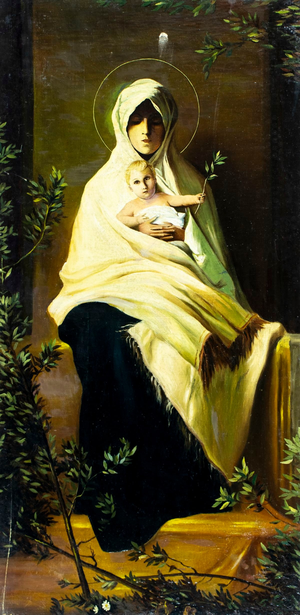 Antique 19C European oil painting AFTER Nicolo Barabino: ARTIST: - (Europe, 19 century) AFTER Nicolo Barabino TITLE: Madonna with Child MEDIUM: oil on canvas CONDITION: Some scratches/paint losses. Minor craquelure. Some scatter