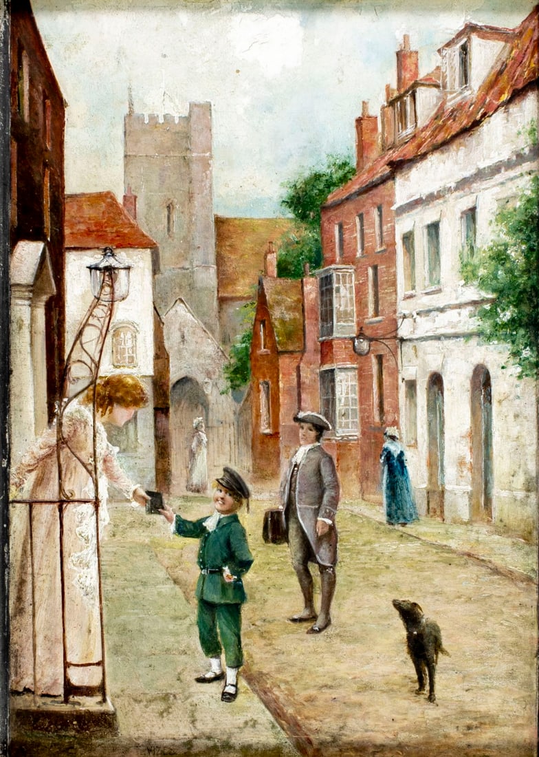 Antique 19C American oil painting signed: ARTIST: - (American, 19 century) TITLE: Street Scene MEDIUM: oil on board CONDITION: Minor paint losses. Some craquelure. No visible inpaint under UV light. Wear to frame.
