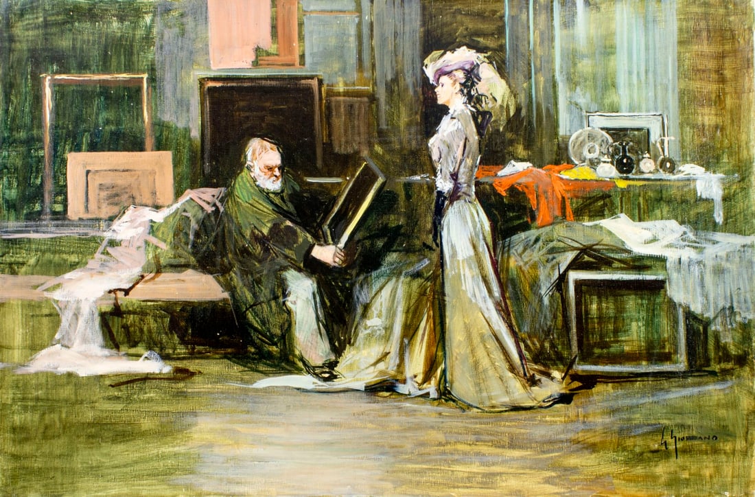 Gino Giordano (Italy,1924-?) oil painting: ARTIST: Gino Giordano (Italian, 1924 - ???) TITLE: Interior Scene MEDIUM: oil on canvas CONDITION: Unstretched (In-House stretching available) (In-House stretching availa