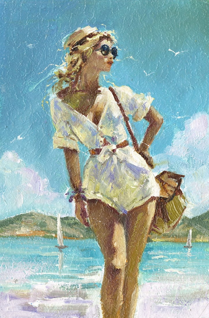 Sergey Kozachkin (Ukraine,b 1965) oil painting antique: ARTIST: Sergey Vasilievich Kozachkin (Ukraine, born 1965) TITLE: Woman in White Dress on Beach MEDIUM: oil on board CONDITION: Very good. No visible inpaint under UV light.<