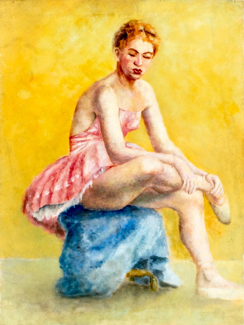 H Spencer (US,mid 20C) oil painting: ARTIST: H Spencer (American, mid 20 century) TITLE: Seated Ballerina MEDIUM: oil on canvas CONDITION: Minor damages to the corners of canvas. Few minor paint losses. No visi