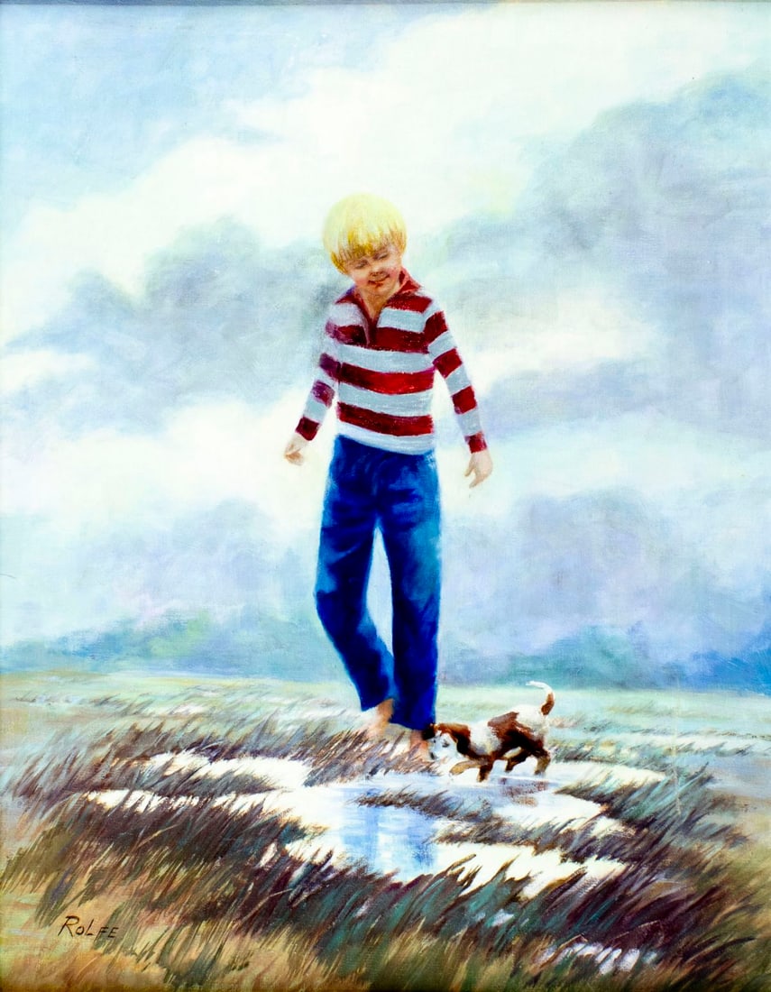 Rolfe (US,20C) oil painting: ARTIST: Rolfe (American, 20 century) TITLE: Boy with Dog MEDIUM: oil on canvas CONDITION: Some scratches/paint losses mostly along edges. No visible inpaint under UV light.