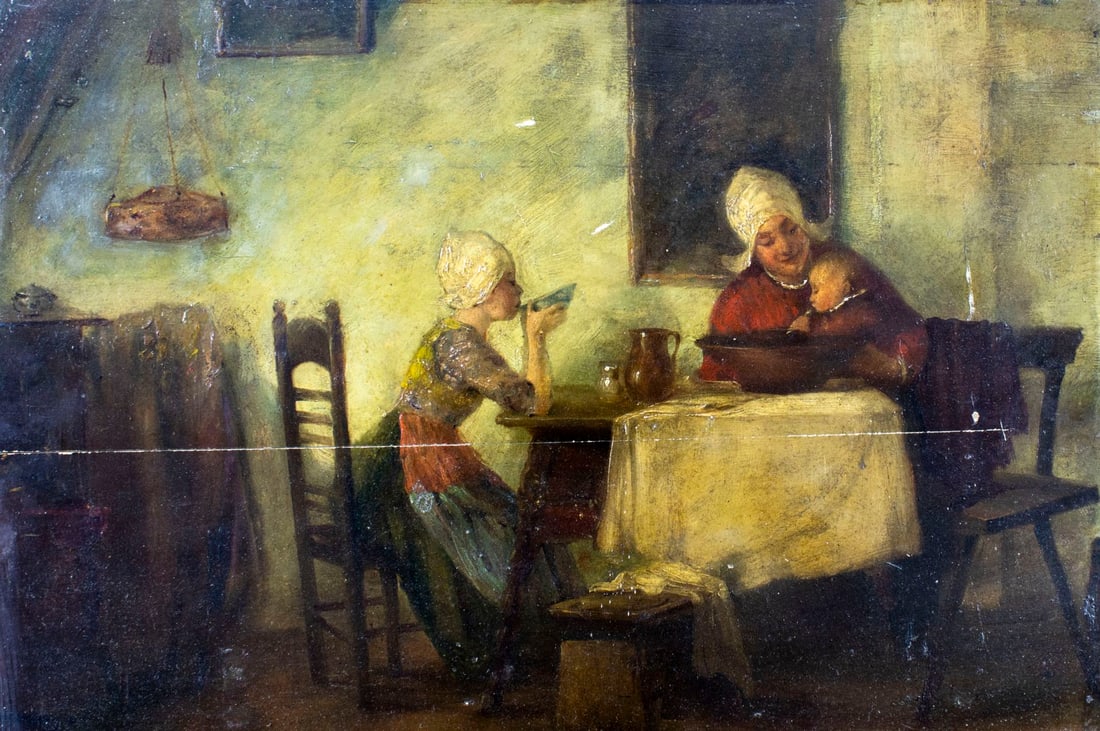 E Vrieman (Europe,19C) oil painting antique: ARTIST: E Vrieman (European, 19 century) TITLE: Dinner Scene MEDIUM: oil on board CONDITION: Board has horisontal crack. Some small paint losses. Some scattered inpaintings.