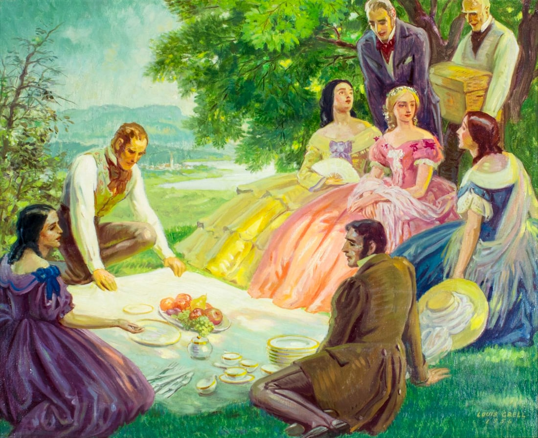 Louis Grell (IL,IA,1887-1960) oil painting: ARTIST: Louis Frederick Grell (Illinois, Iowa, 1887 - 1960) NAME: The Picnic YEAR: 1956 MEDIUM: oil on canvas CONDITION: One paint loss along right edge. No visible inpai