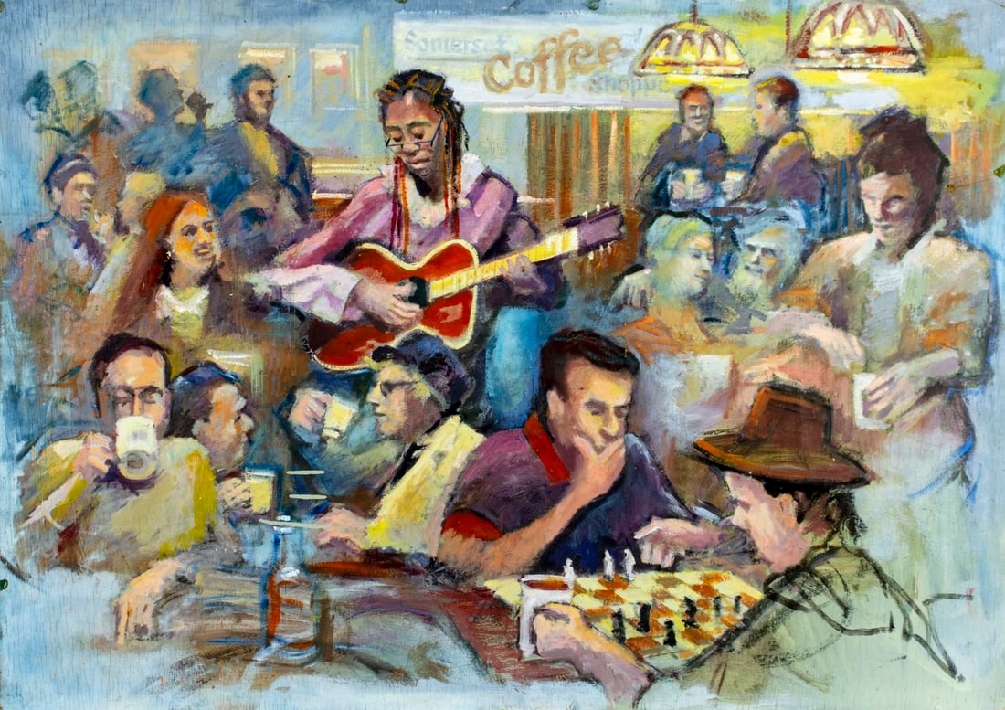 John Reilly (NY,NJ,1942-2021) oil painting: ARTIST: John Reilly (New York, New Jersey, 1942 - 2021) TITLE: Coffee Shop Scene MEDIUM: oil on board CONDITION: Some damages to corners. Some scratches/paint losses. No v