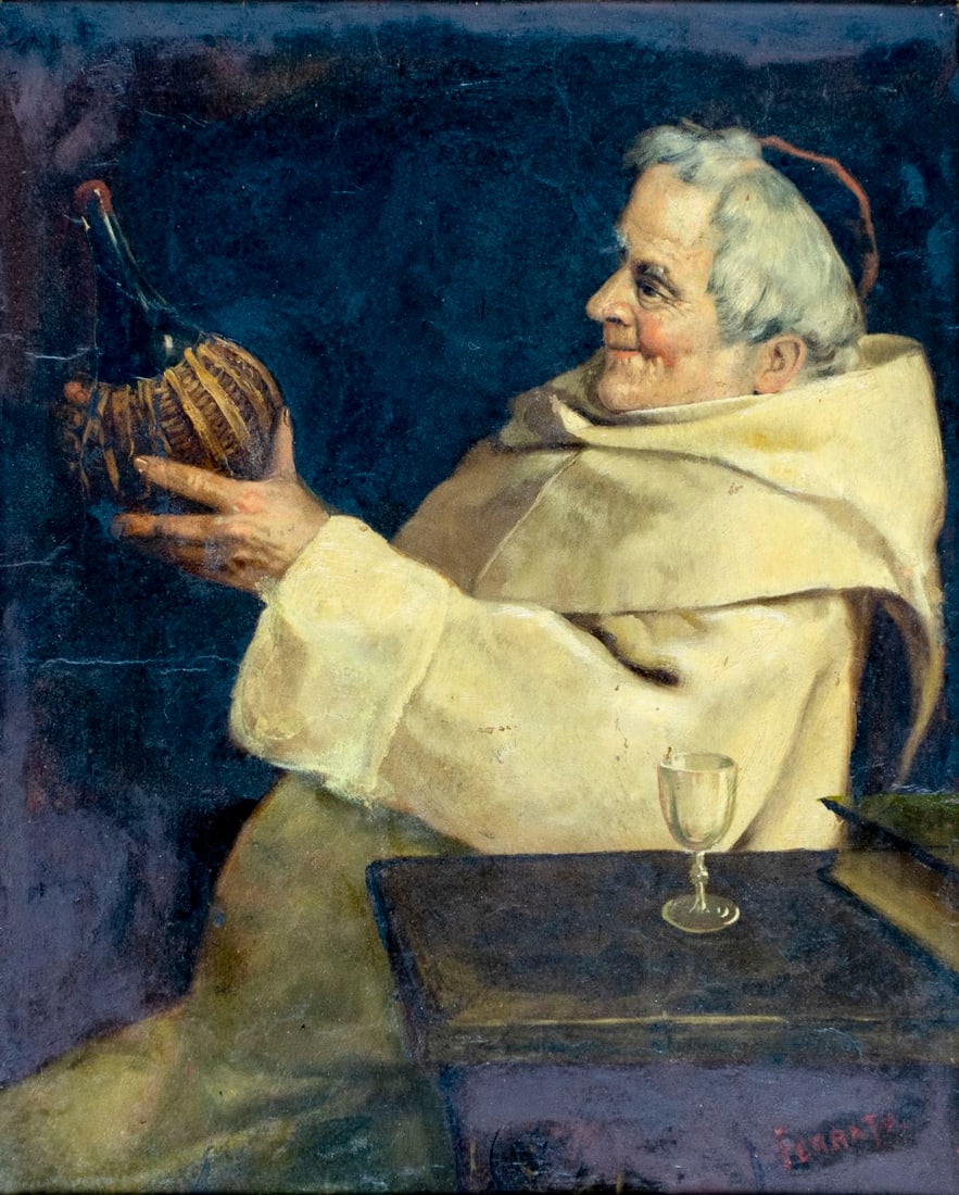 Ferrato (Italy,early 20C) oil painting antique: ARTIST: Ferrato (Italian, early 20 century) TITLE: Monk with Bottle of Wine MEDIUM: oil on board CONDITION: Some small scratches/paint losses. Some scattered inpaintings. So