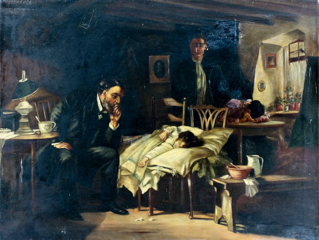 Charles Gebauer (NJ,German,1870-?) oil painting antique AFTER Samuel Fildes: ARTIST: Charles O Gebauer (New Jersey, Germany, 1870 - ???) AFTER Samuel Luke Fildes (United Kingdom, 1843 - 1927) TITLE: The Doctor MEDIUM: oil on canvas CONDITION: Thr
