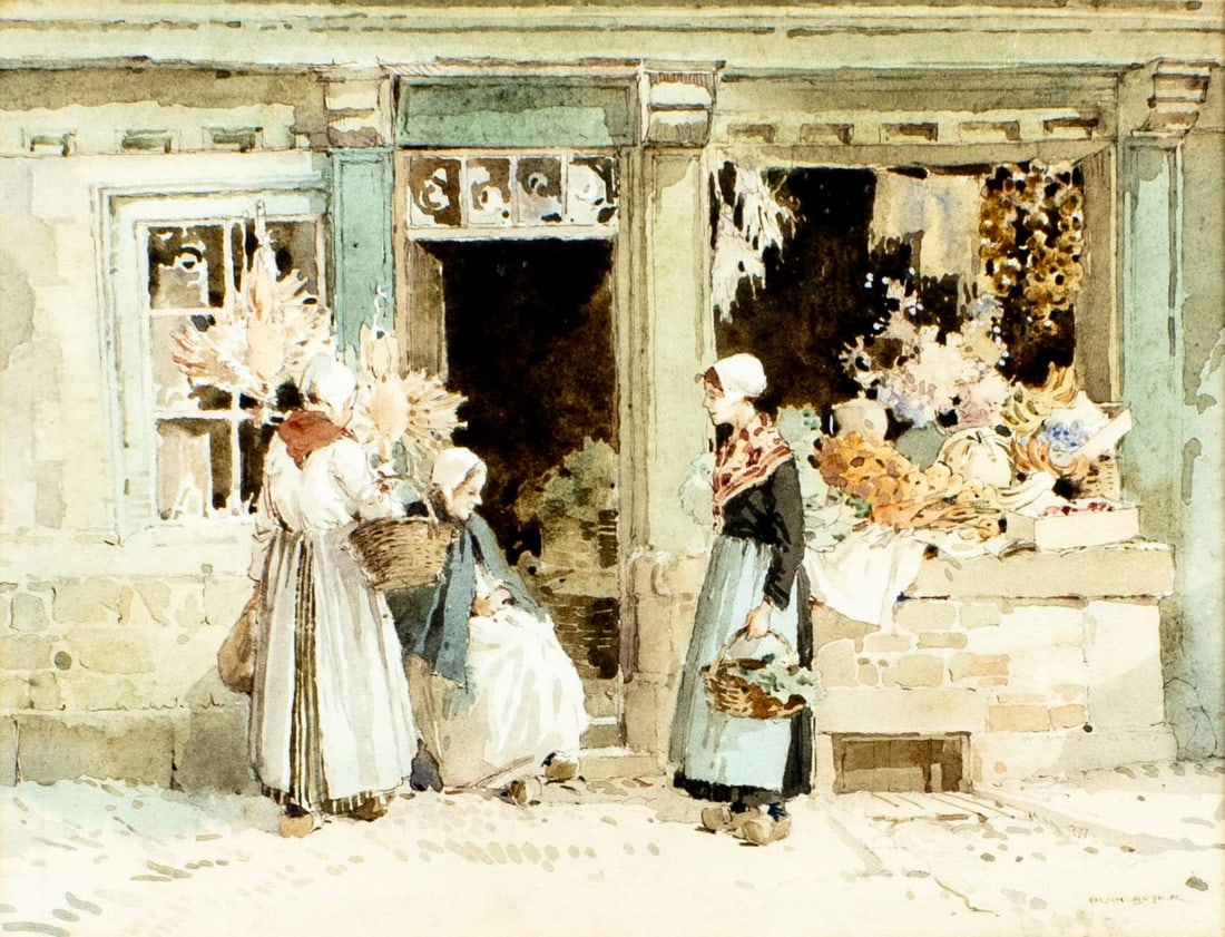 Percy Lancaster (UK,1878-1951) watercolor painting: ARTIST: Percy Lancaster (United Kingdom, 1878 - 1951) TITLE: A Breton Fruit Shop (titled on verso) MEDIUM: watercolor on paper CONDITION: Some age toning. Framed under gla