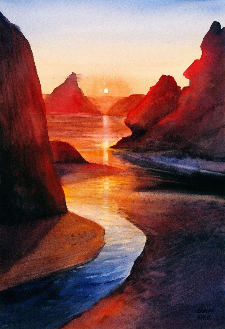 Oksana Chernachuk (Ukraine,b 1989) watercolor painting: ARTIST: Oksana Chernachuk (Ukrainian, born 1989) TITLE: Sunset River Canyon Landscape MEDIUM: watercolor on heavy paper CONDITION: Very good. ART SIZE: 1