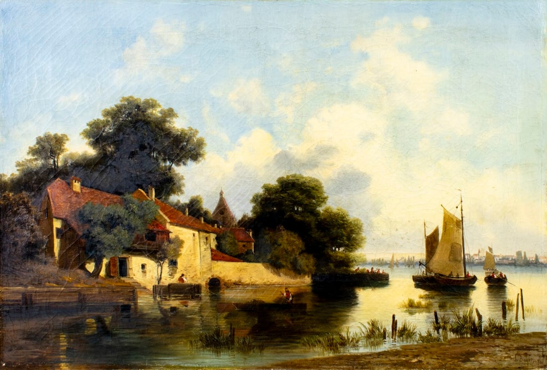 Julius Bayer (Austria,1840-1883) oil painting antique: ARTIST: Julius Bayer (Austrian, 1840 - 1883) TITLE: River Village Landscape MEDIUM: oil on canvas CONDITION: Relined. Few minor paint losses. Some craquelure. Some scatter