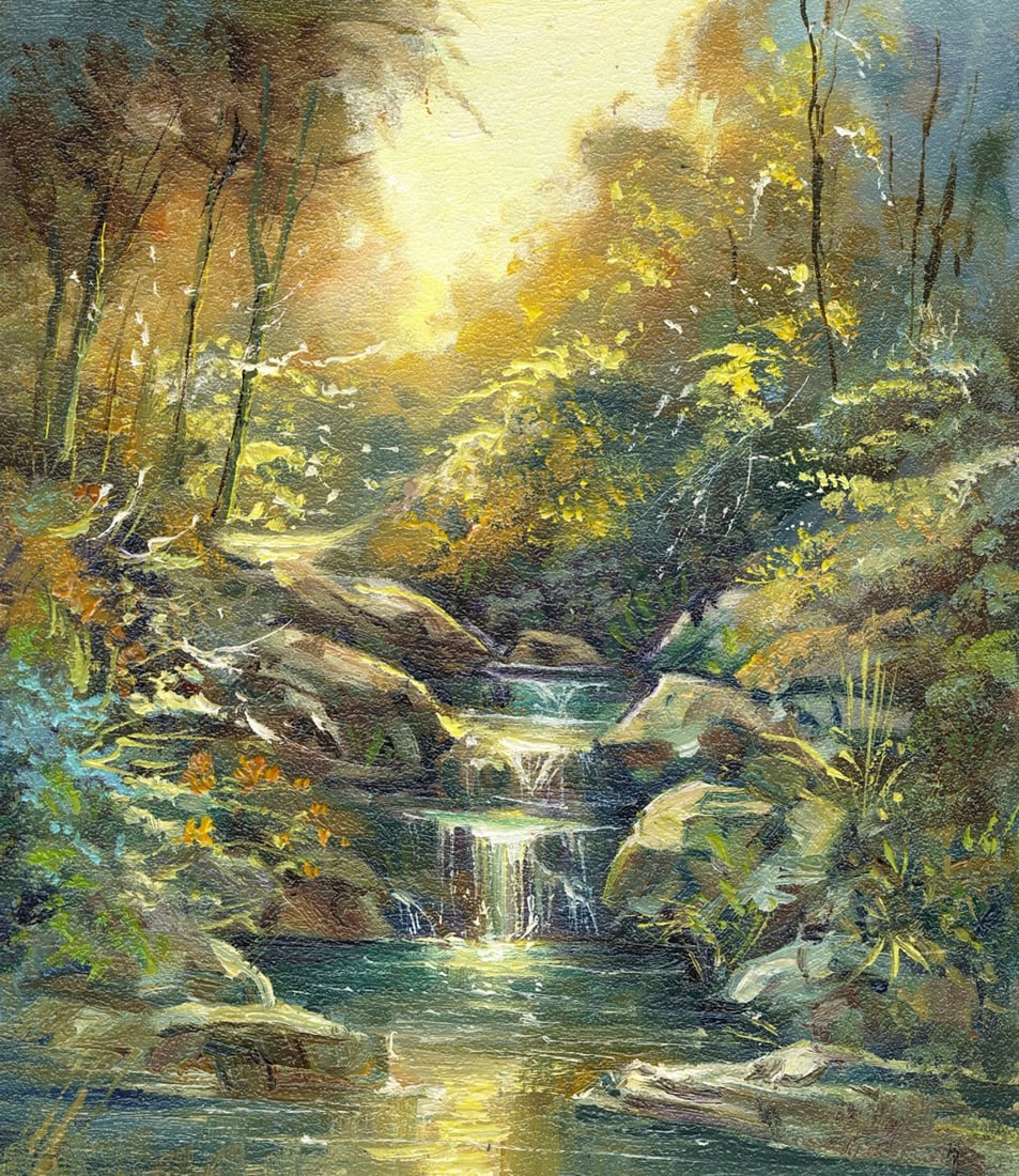 Sergey Kozachkin (Ukraine,b 1965) oil painting: ARTIST: Sergey Vasilievich Kozachkin (Ukrainian, born 1965) TITLE: Waterfall Landscape MEDIUM: oil on board CONDITION: Very good. No visible inpaint under UV light.