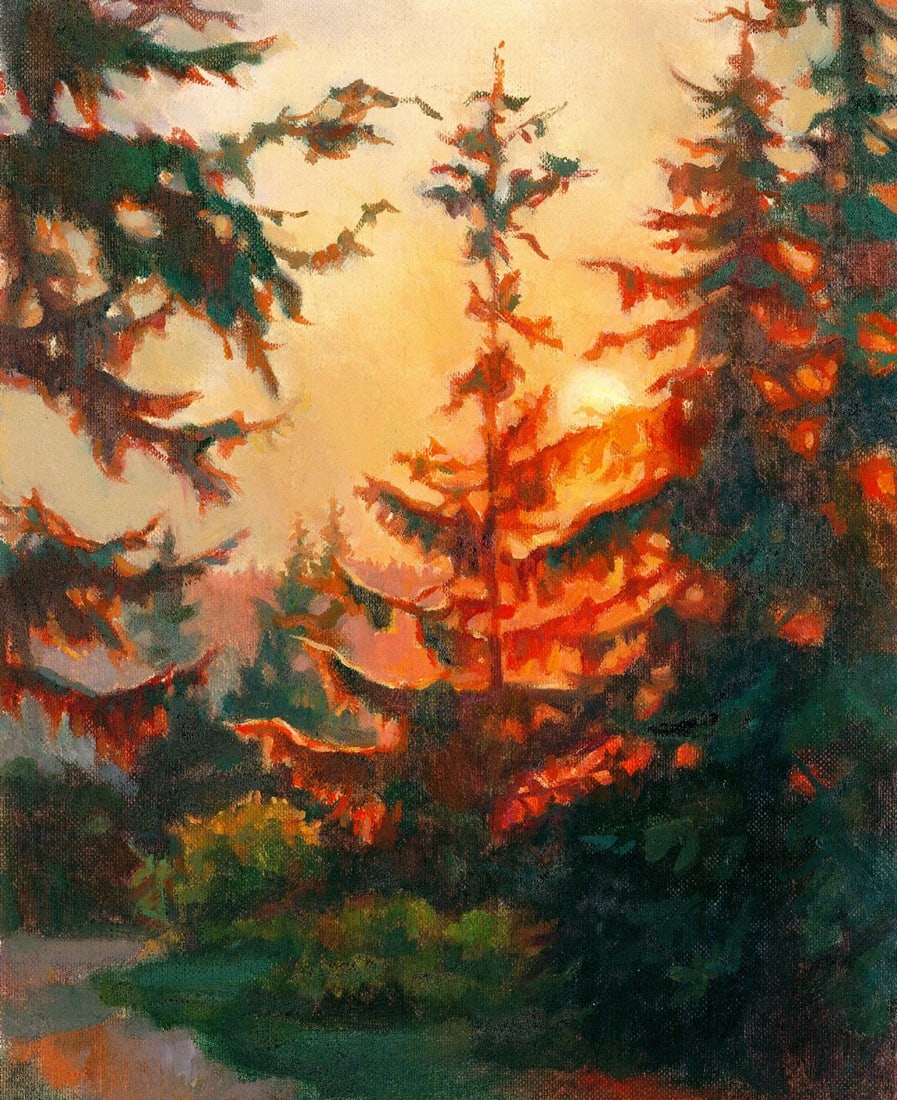 Anna Volkova (Ukraine,20/21C) oil painting: ARTIST: Anna Volkova (Ukrainian, 20/21 centuries) TITLE: Sunset Forest Landscape MEDIUM: oil on heavy paper CONDITION: Very good. No visible inpaint under UV light.