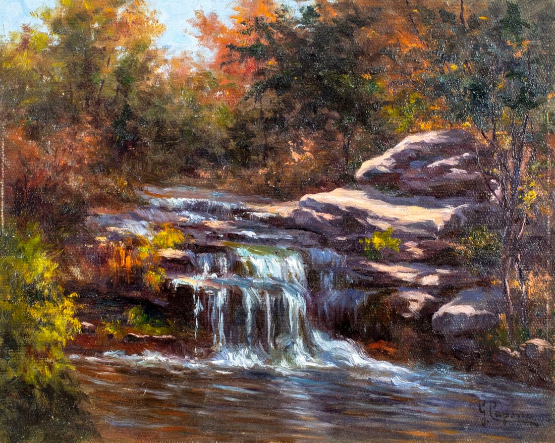 Gaetano Capone (Italy,NY,1845-1920) oil painting antique: ARTIST: Gaetano Capone (Italian, New York, 1845 - 1920) TITLE: Waterfall Landscape - The Emery Falls, GA (titled on verso) YEAR: 1919 MEDIUM: oil on board CONDI
