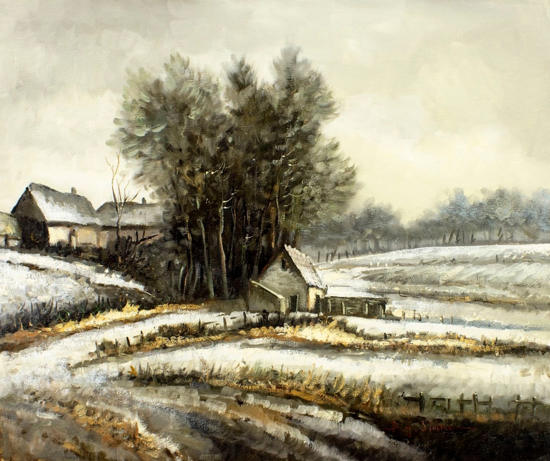 Bernard Slotman (Dutch,1929-?) oil painting: ARTIST: Bernard Hendrik Slotmann (Netherlands, 1929 - ???) TITLE: Winter Country Landscape MEDIUM: oil on canvas CONDITION: Unstretched (In-House stretching available) (In