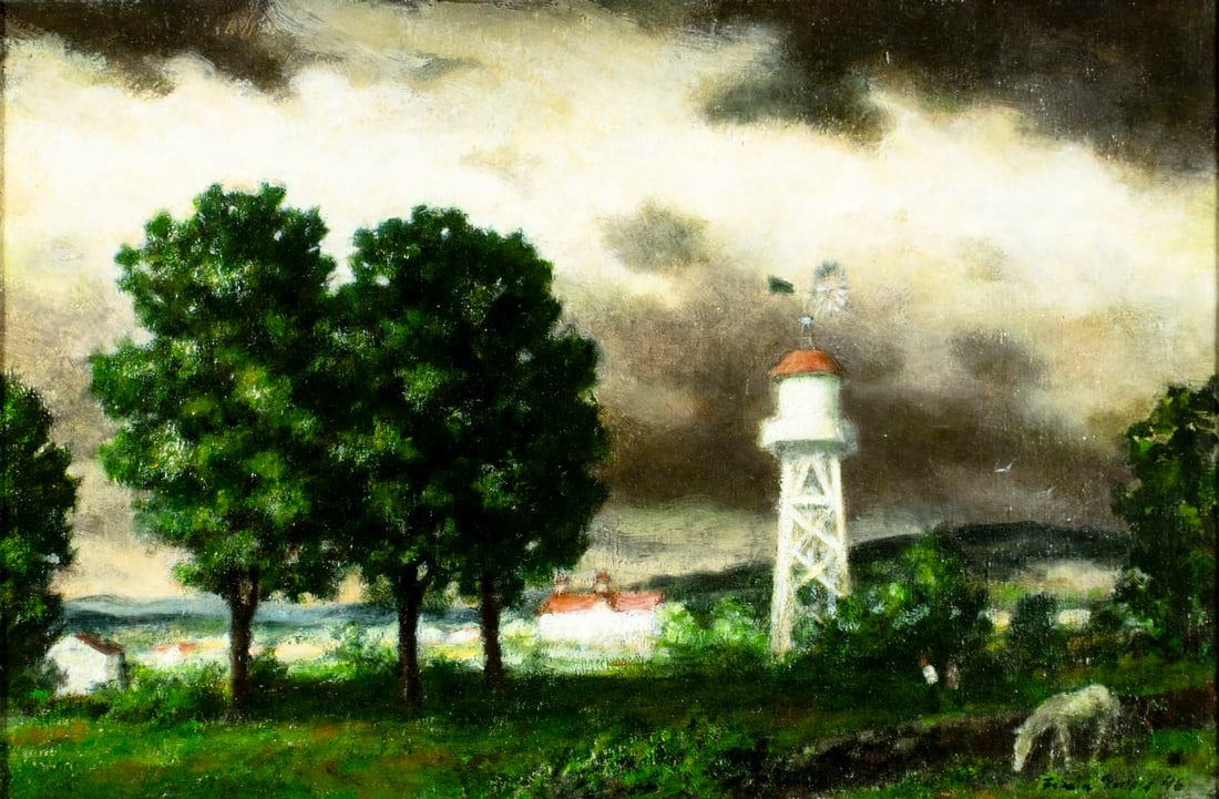 Vintage mid 20C American oil painting signed: ARTIST: - (American, mid 20 century) TITLE: Farm Landscape with Horse YEAR: 1946 MEDIUM: oil on canvas CONDITION: Some paint losses. Some scattered min