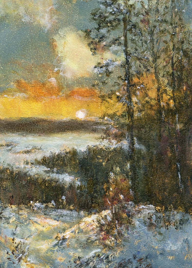 Vyacheslav Evsikov (Ukraine,b 1957) oil painting antique: ARTIST: Vyacheslav Sergeyevich Evsikov (Ukraine, born 1957) TITLE: Sunset Winter Landscape MEDIUM: oil on board CONDITION: Very good. No visible inpaint under UV light. <